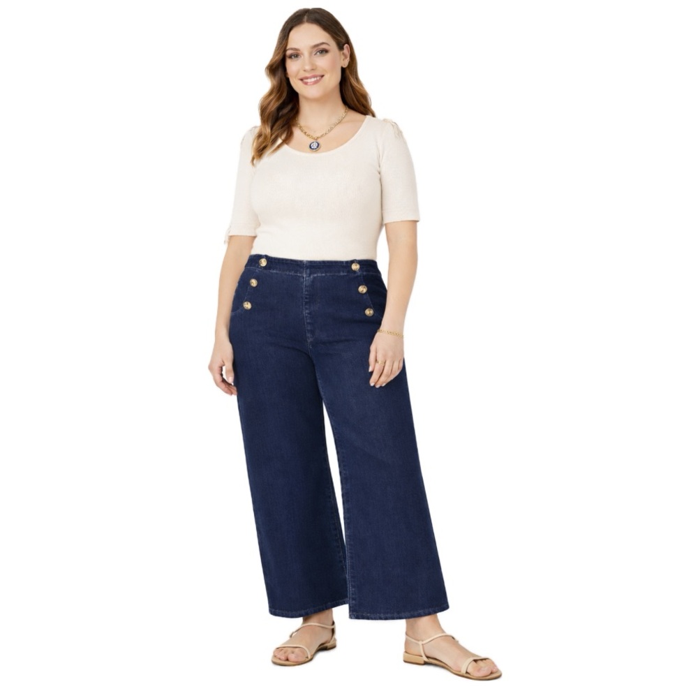 Ann Taylor,  Wide-Leg High Rise Nautical Jeans with Button Accents, size 14
